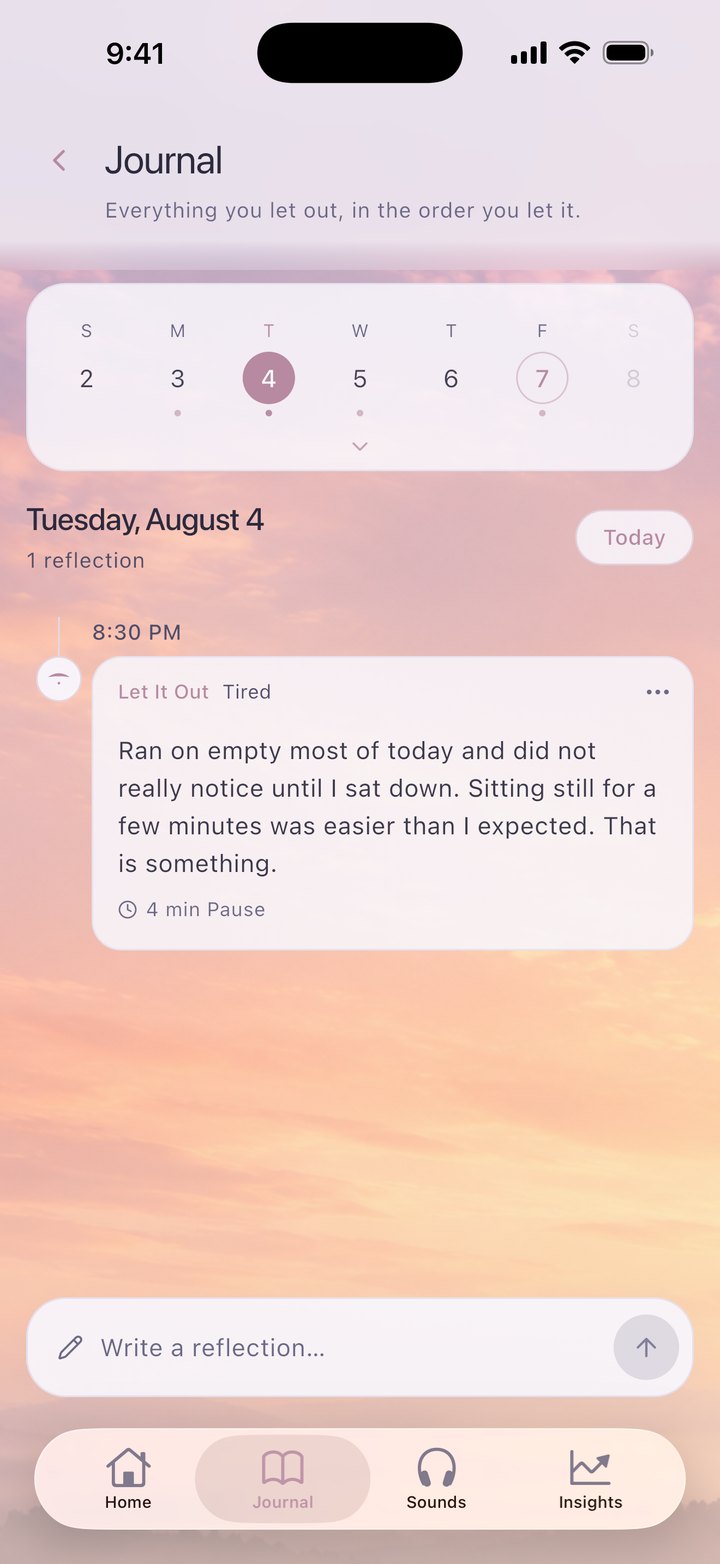 The Pause journal, showing a dated reflection tagged with the mood it was written in